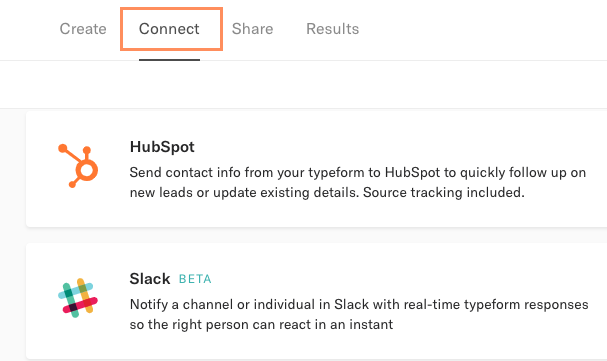 Screenshot of Typeform Connect panel