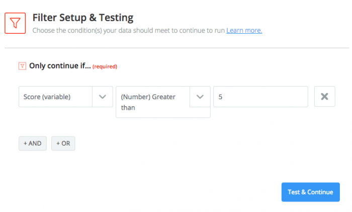 Screenshot showing the filtering needed in Zapier