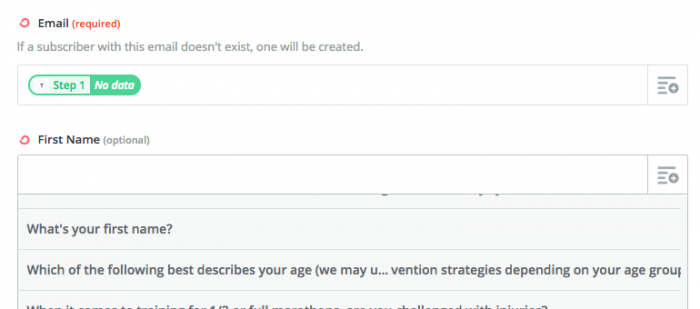 Screenshot showing how to select the email and first name fields to be sent to the subscriber details in ConvertKit