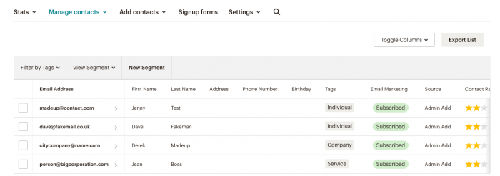 Screenshot showing Manage Contacts section of MailChimp